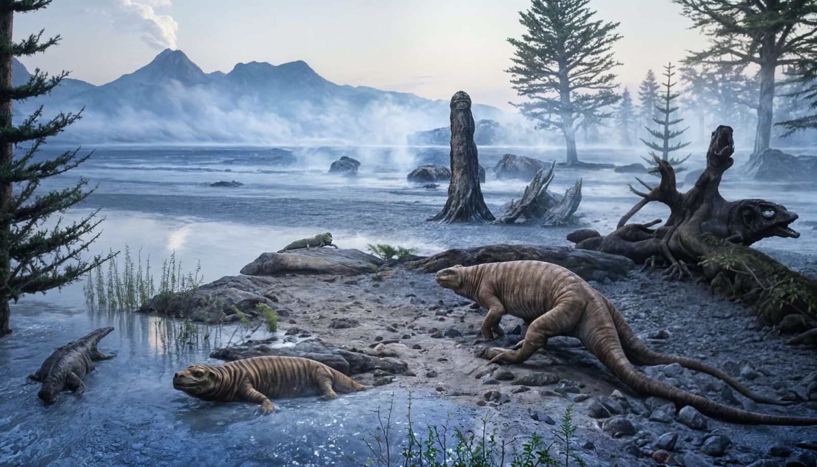 Triassic Shoreline Ecosystem with Ancient Flora and Fauna
