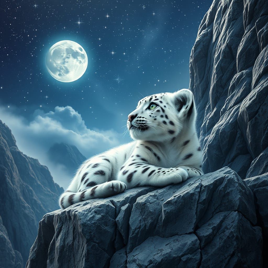 Snow Leopard Cub Gazes at Celestial Canvas
