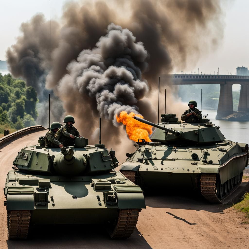 Tank Fires at Bridge with Soldiers Relaxing