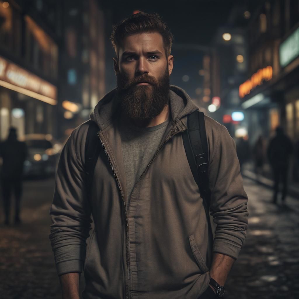 Bearded Man in Futuristic City at Night