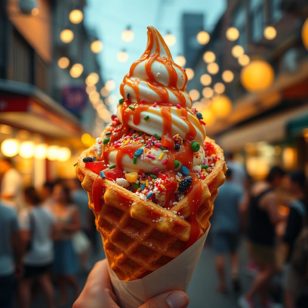 Colorful Bubble Waffle in a Market, Photorealistic Style