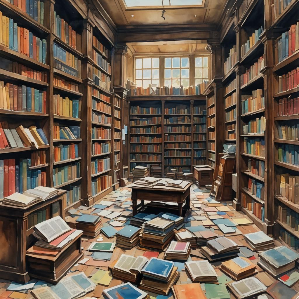 Abandoned Library: Gouache Watercolor Impressionist Painting