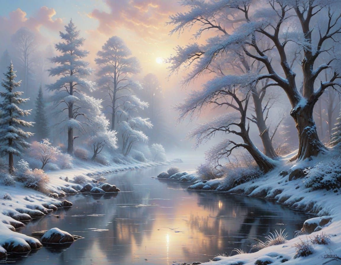 Serene Winter Sunrise Over Misty Frozen Lake