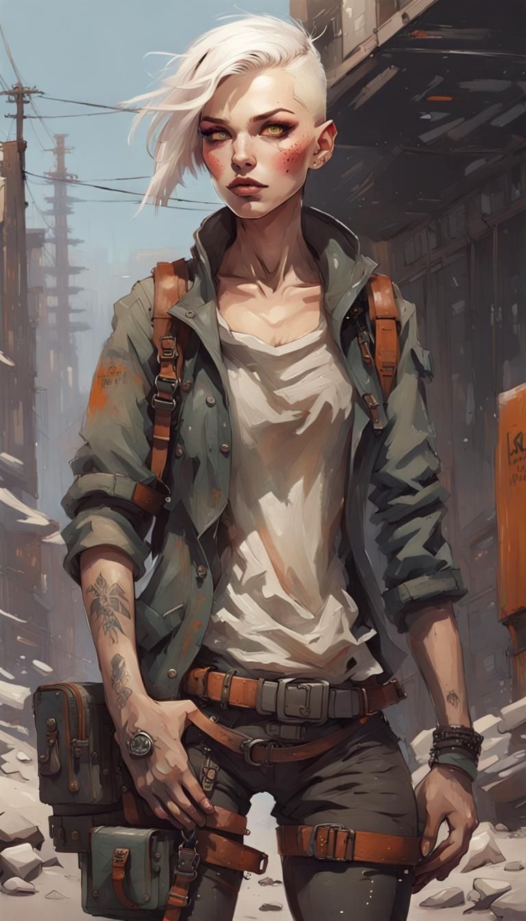 Post-Apocalyptic Scavenger Woman in Noir Ink Portrait