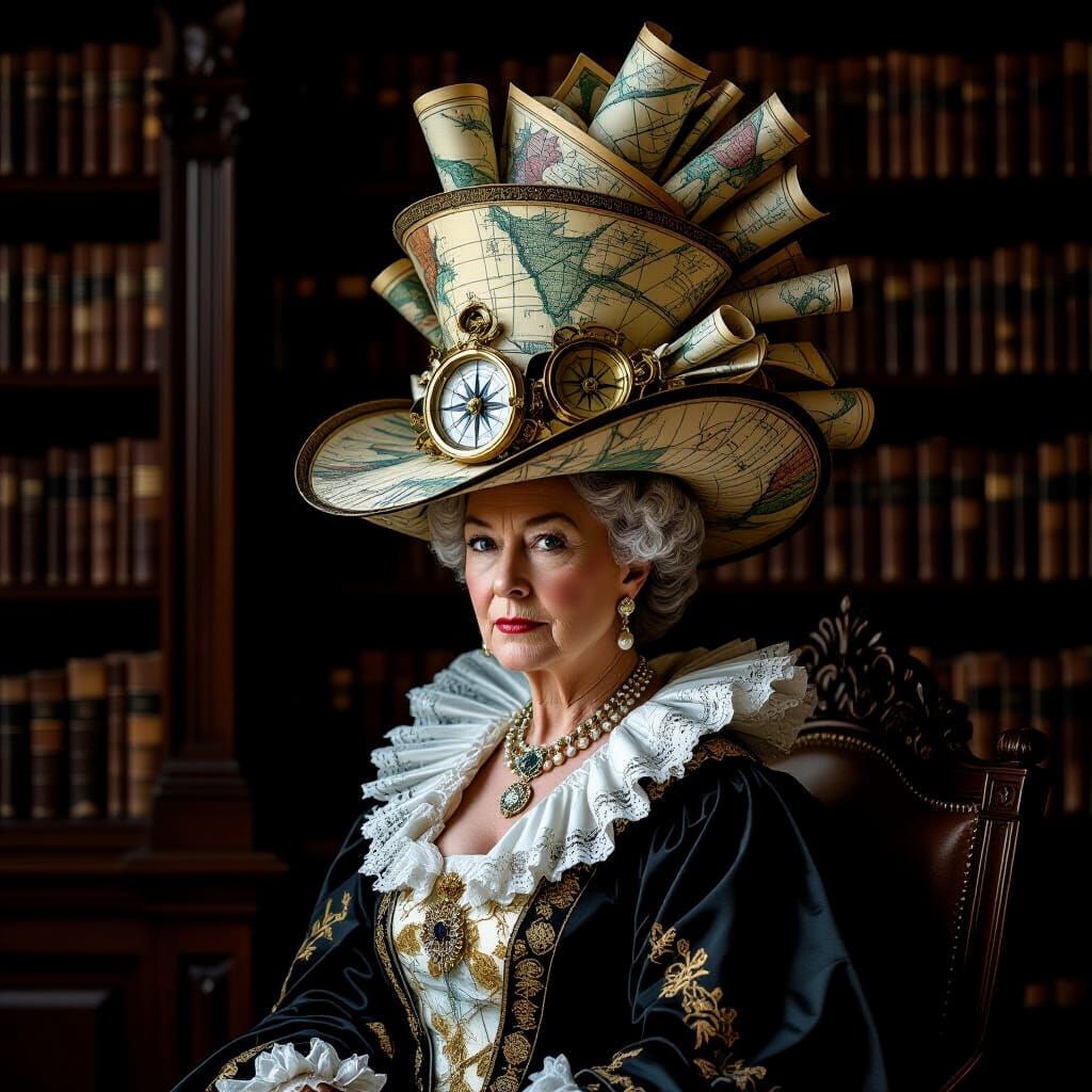Regal Queen in Map Hat, Dramatic Chiaroscuro Style