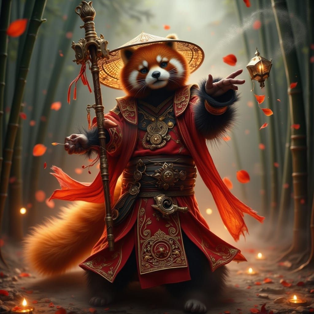 Red Panda Monk in Misty Bamboo Forest