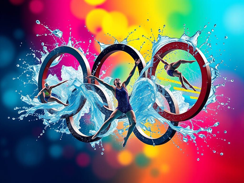 Olympic Rings with Sports, Hyperrealistic Splash Art