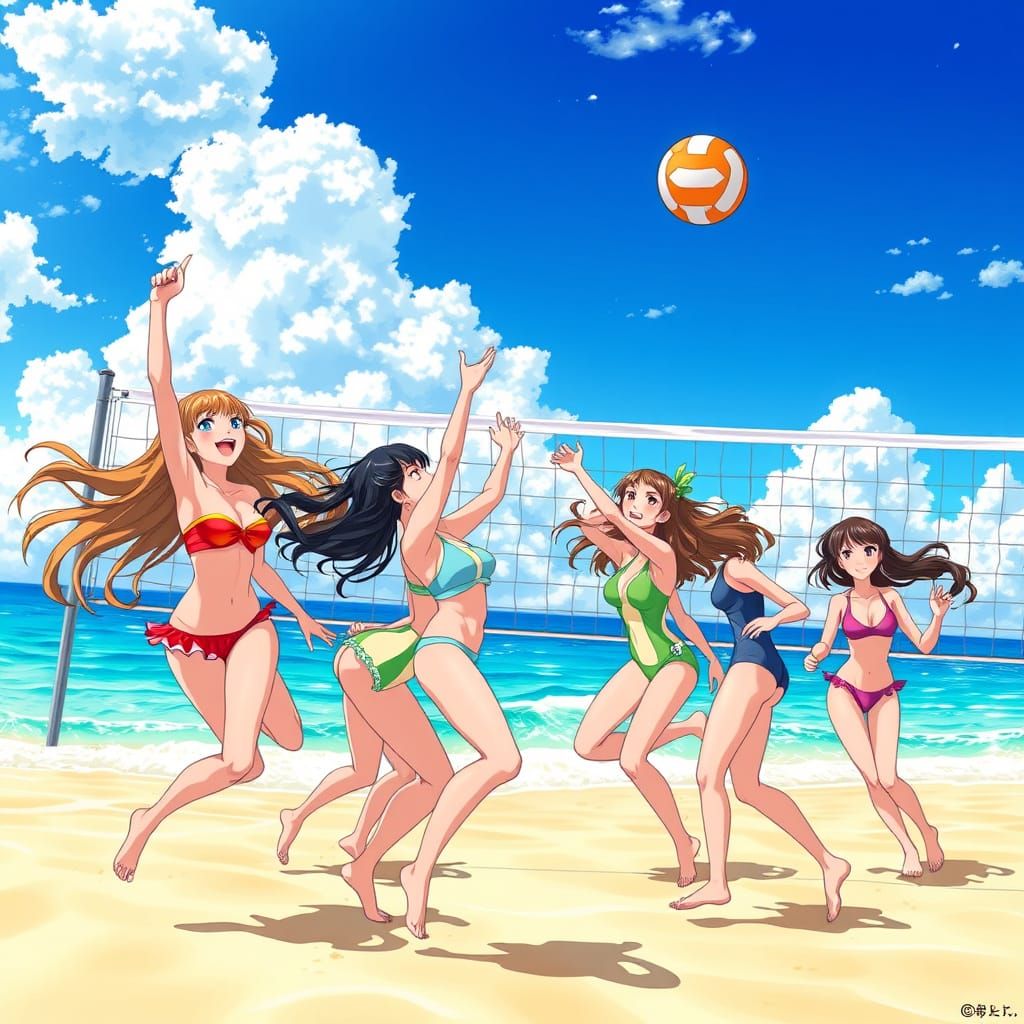 Anime Girls Play Beach Volleyball in Vibrant Summer Style