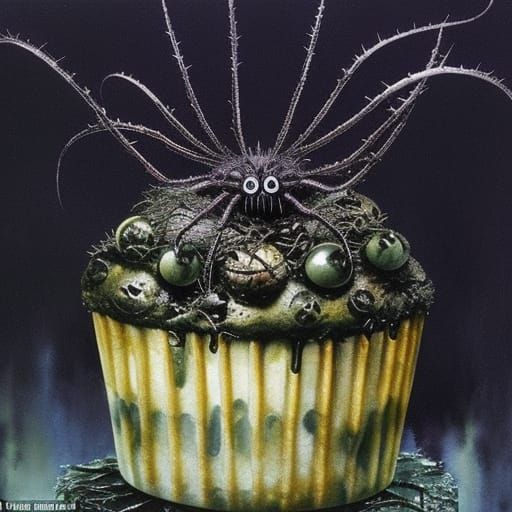 Evil Spider in Swamp Muffin, Watercolor Style