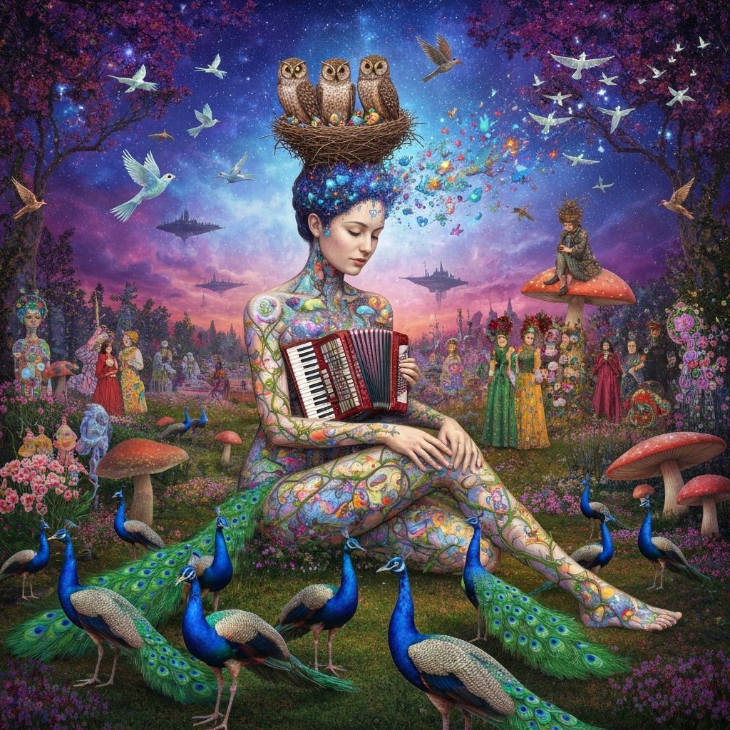 Ethereal Woman Transforms into Birds Amidst Cosmic Garden