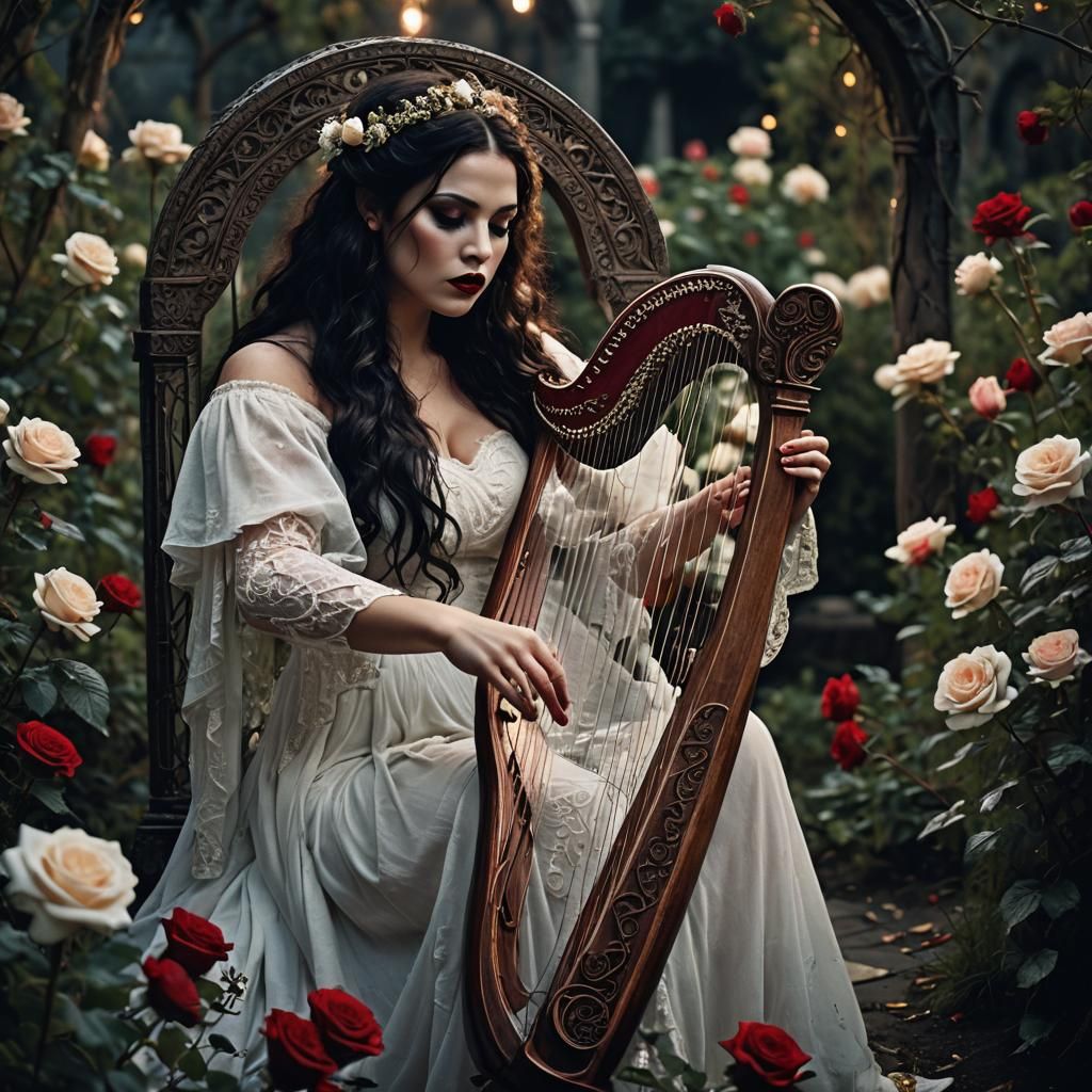 Faerie Woman Playing Harp in Gothic Garden