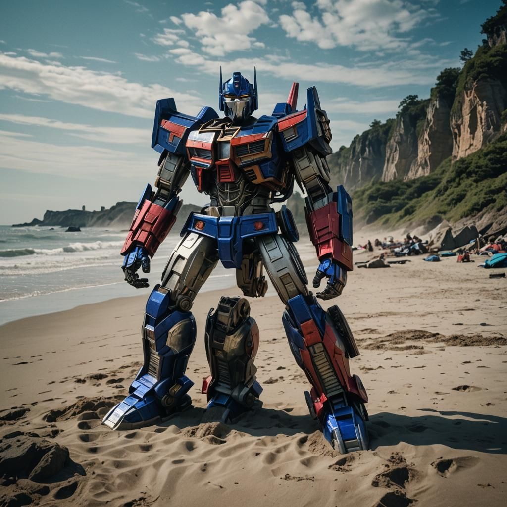 Optimus Prime Chilling at the Beach: Cinematic Film Still