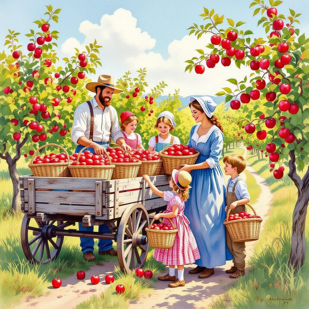 19th Century American Folk Art Family Harvesting Apples
