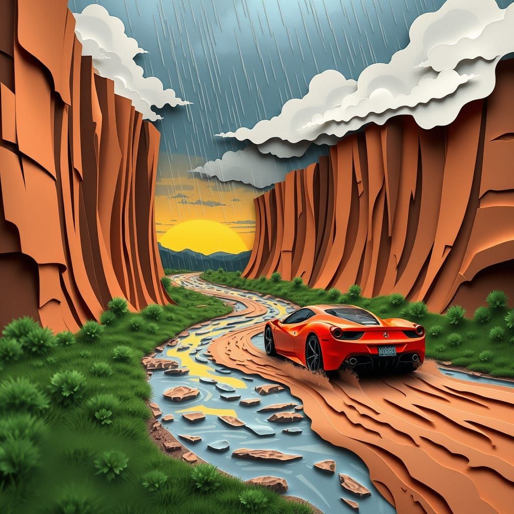 Paper Ferrari Drifting in Cliffside Valley