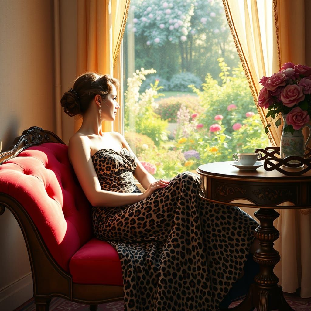 Woman in Leopard Dress, Alphonse Mucha Style
