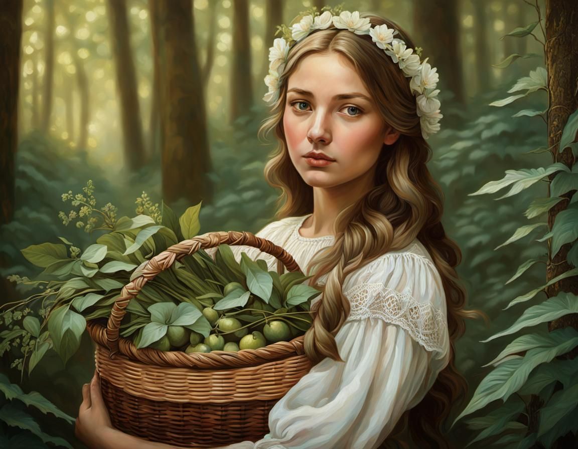 Ukrainian Girl Gathering Forest Ingredients: Oil Painting