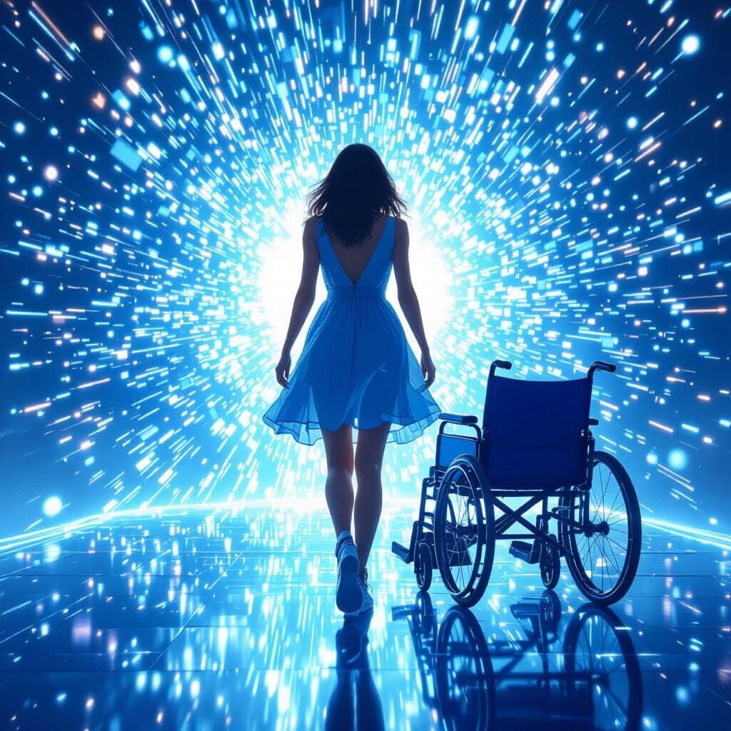 Woman Steps into Infinity in Futuristic Style