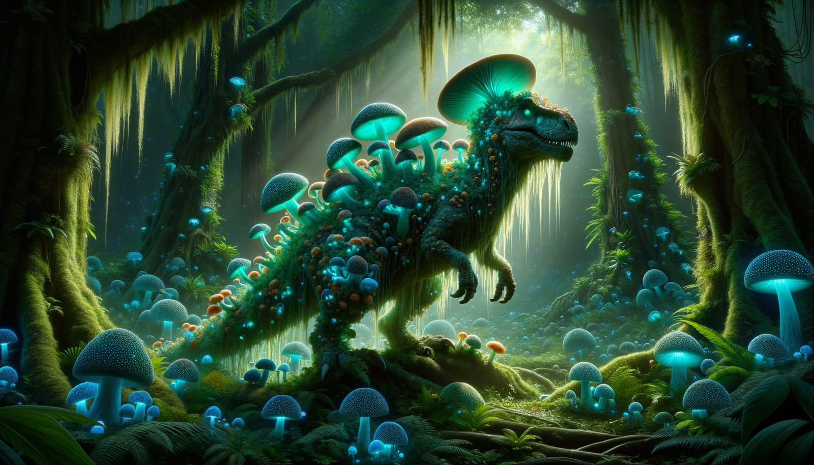 Dinosaur-Fungus Symbiote in Bioluminescent Forest
