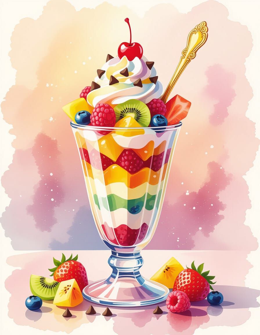 Rainbow Sundae in Watercolor Style with Gummy Bears