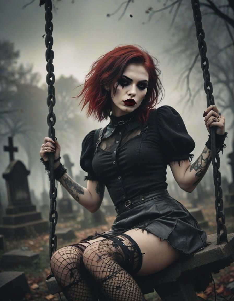 Grunge Punk Woman on Cemetery Swing