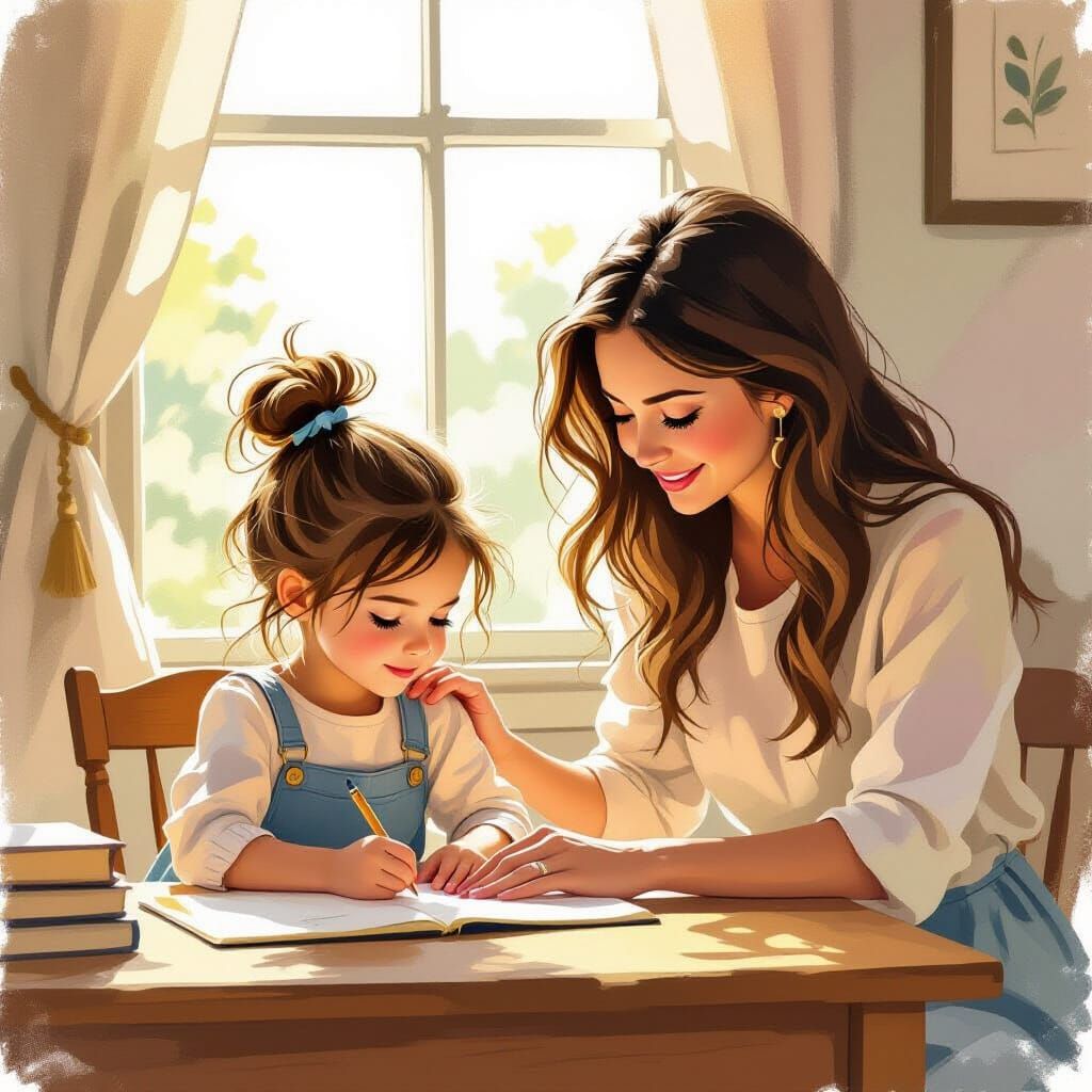 Girl Studying With Encouraging Mother in Storybook Style