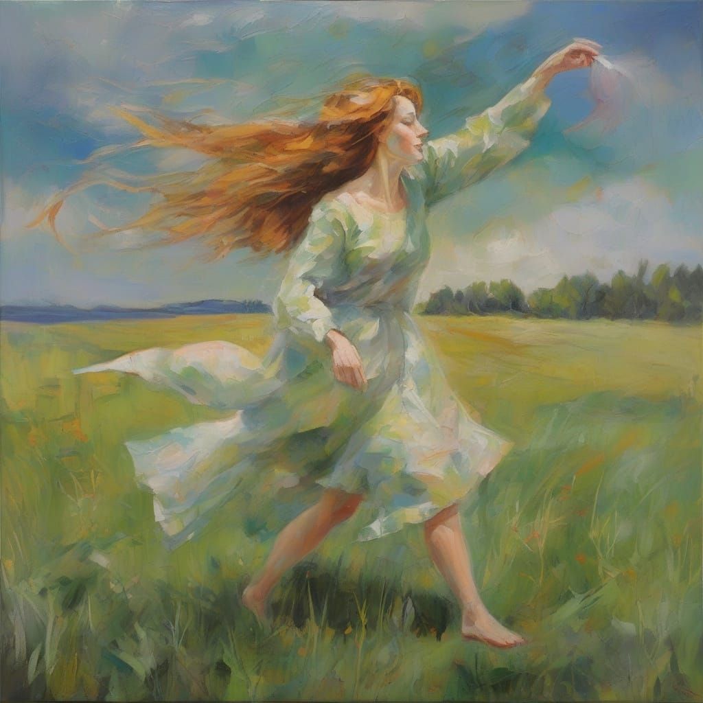 Ethereal Woman Soars Through Meadow in Oil Painting Style