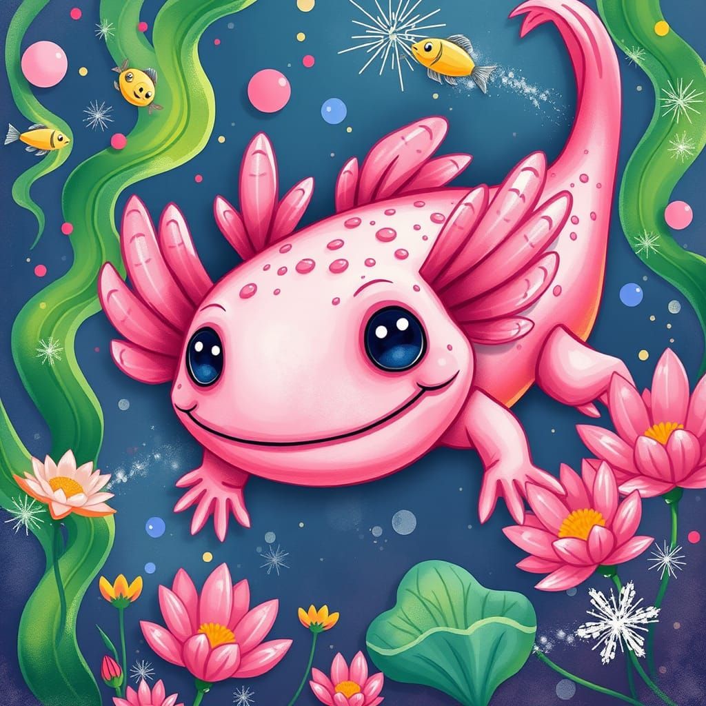 Whimsical Axolotl in Vibrant Xochimilco Canals