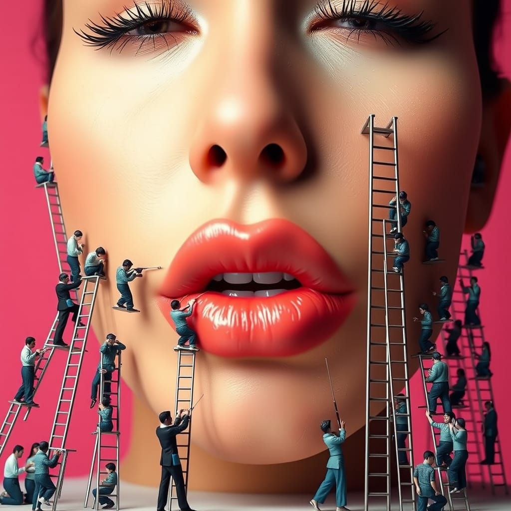 women's plump natural lips, minimalism, pink background, rea...