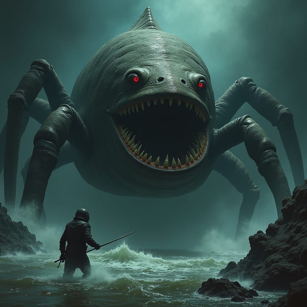 Frilled Shark vs Goliath Spider in Biomechanical Style