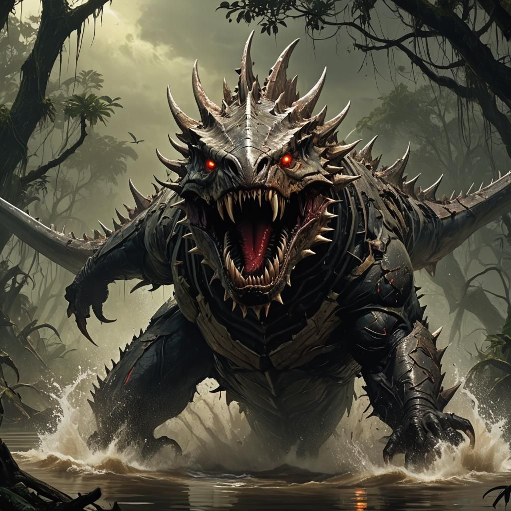Razorjaw Leviathan Breaching Swamp: Dark Fantasy Concept Art