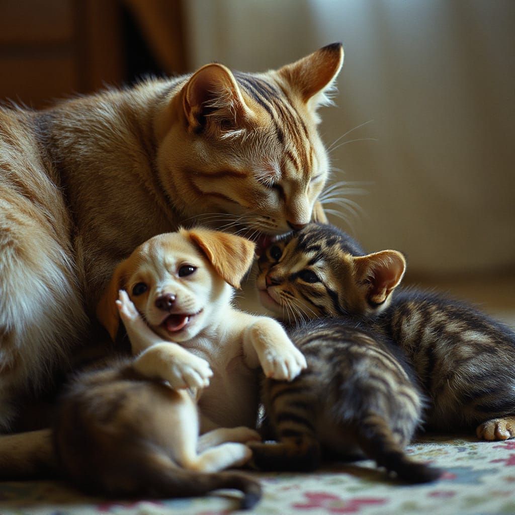 Mother Cat Tenderly Cares for Playful Kittens and Puppy