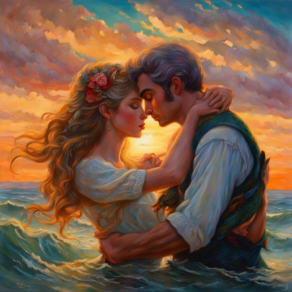 Mermaid and Sailor Embrace in Romantic Oil Painting