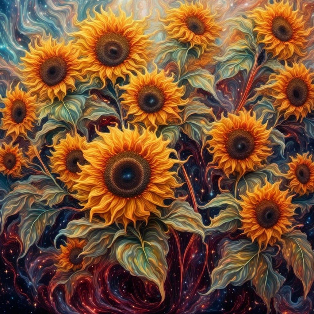 Dramatic Oil Painting of Towering Sunflowers