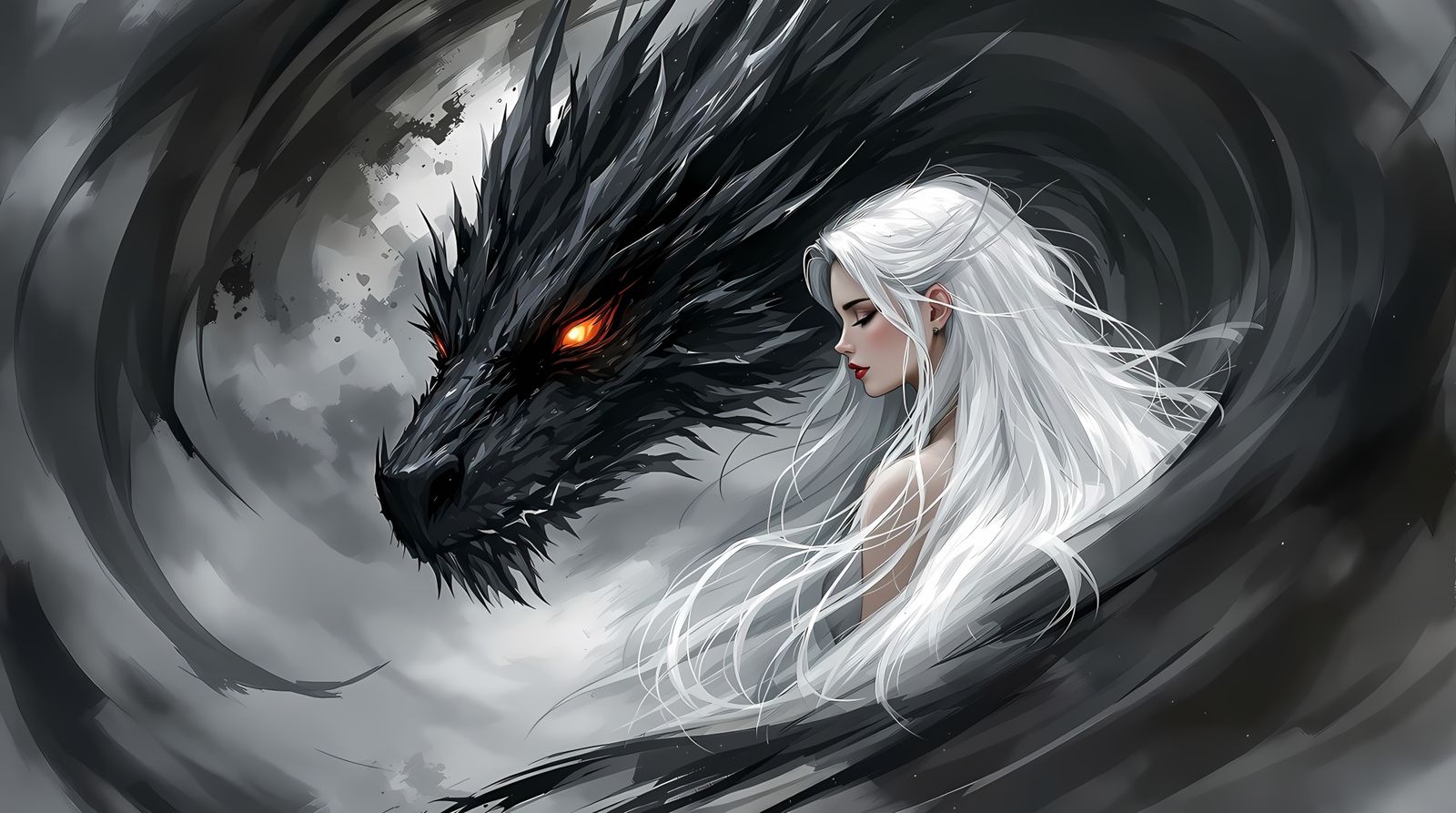 Mystical Female Figure Stands Beside Black Dragon in Etherea...
