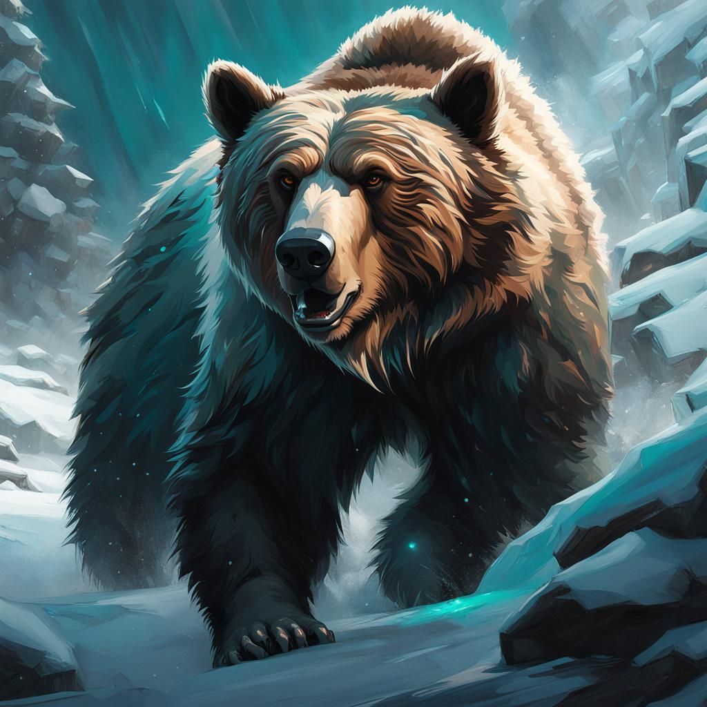 Cyberpunk Grizzly Bear with Luminous Brushwork