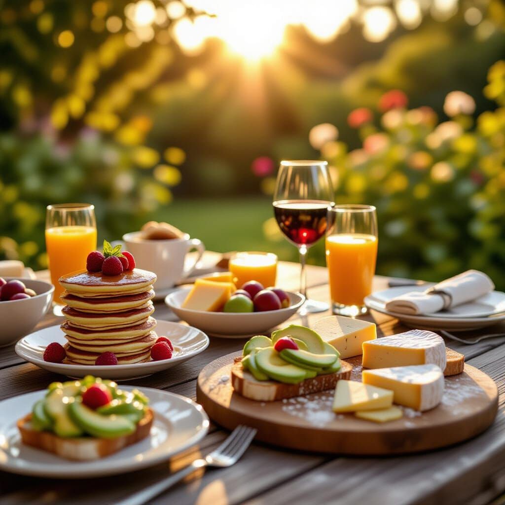 Gourmet Brunch Table at Golden Hour: Hyperrealistic Style