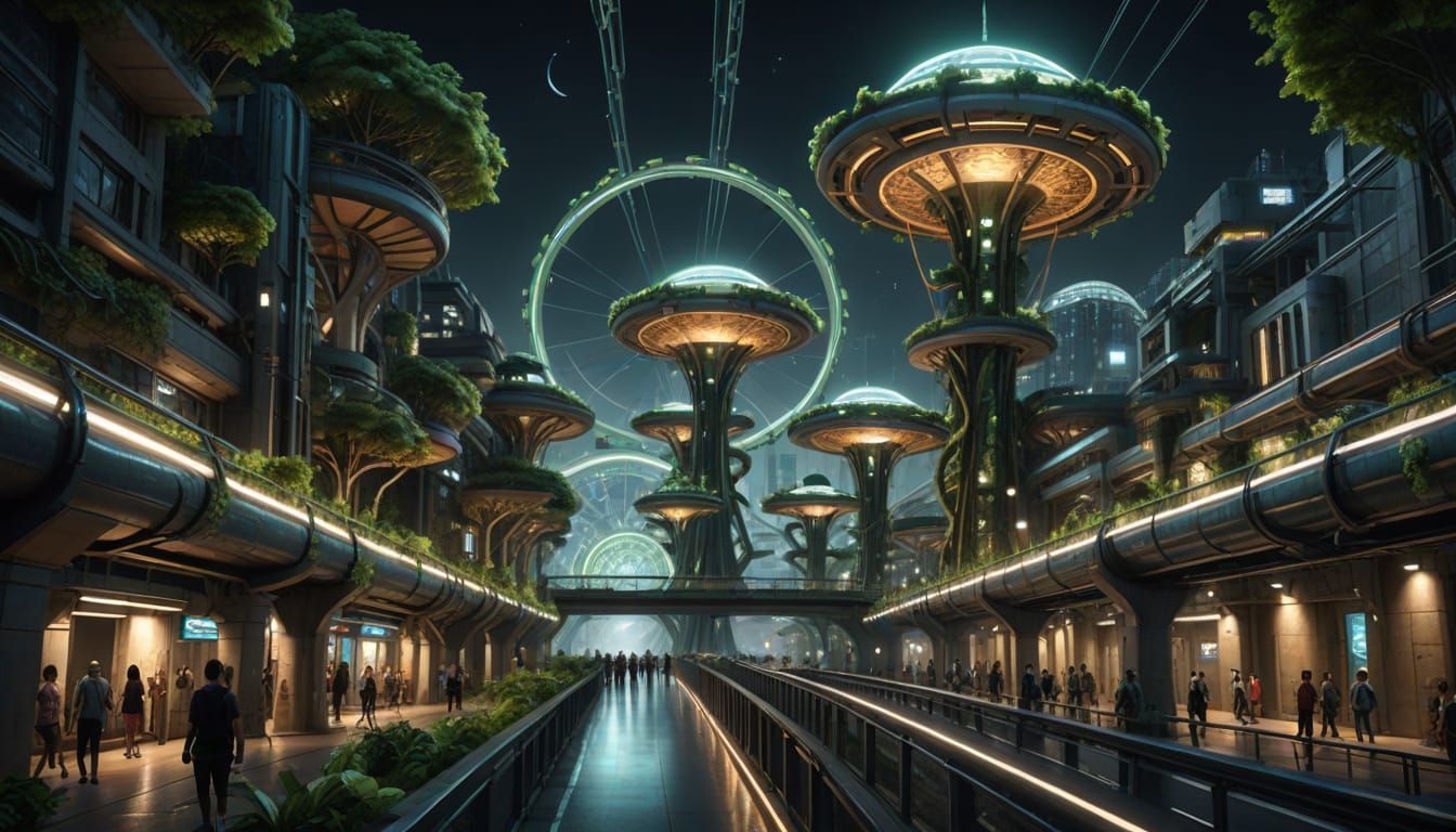 Futuristic City at Night: Sun-Wheels & Bioluminescent Glow