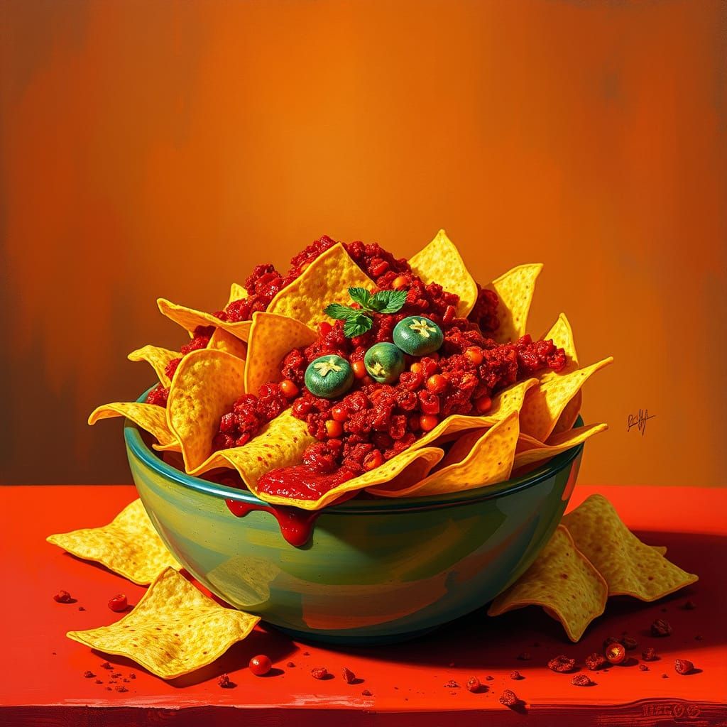 Vibrant Folk Art Still Life of Spicy Corn Chips