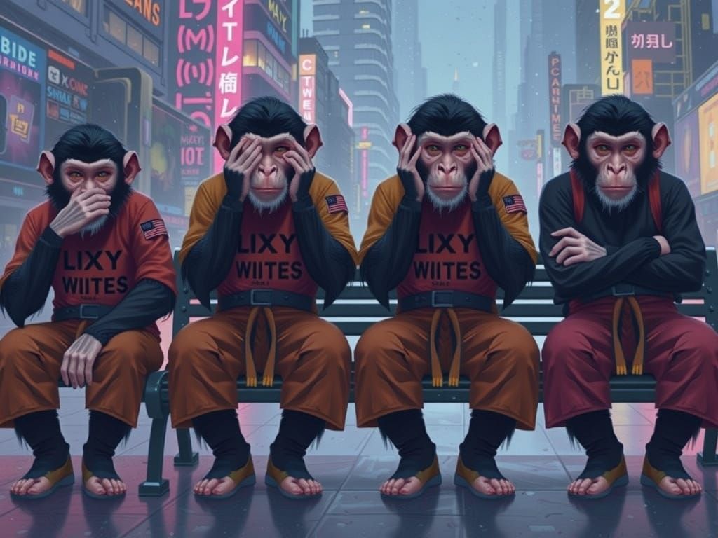 Futuristic Wise Monkeys in Neon Cityscape