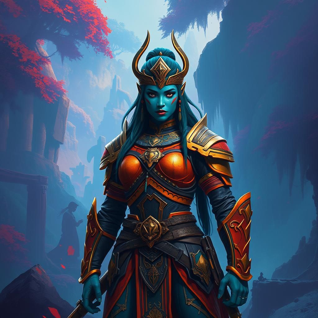 Regal Avatar Woman Warrior in Mystical Landscape