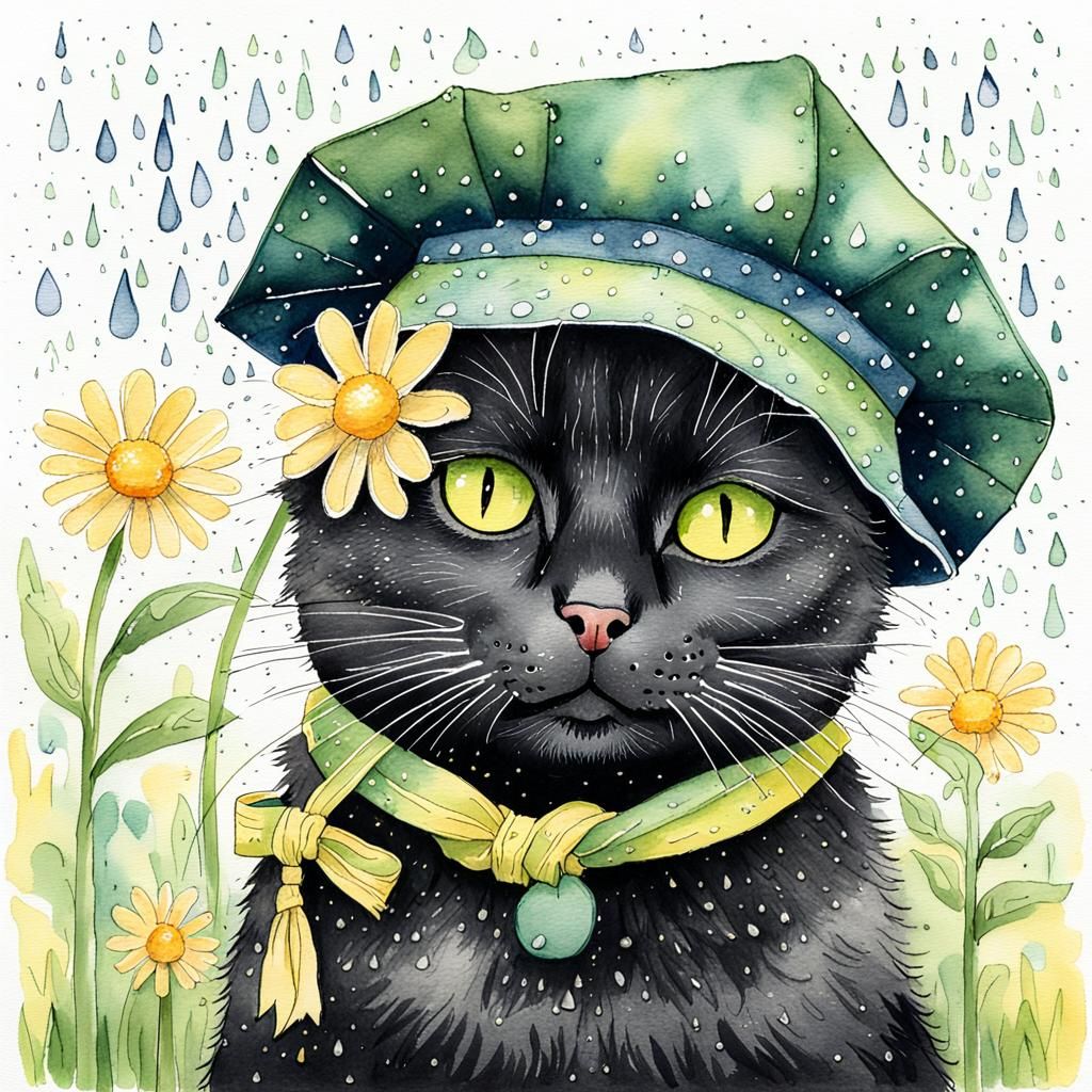 Black Cat in Rain Hat, Crayon and Watercolour