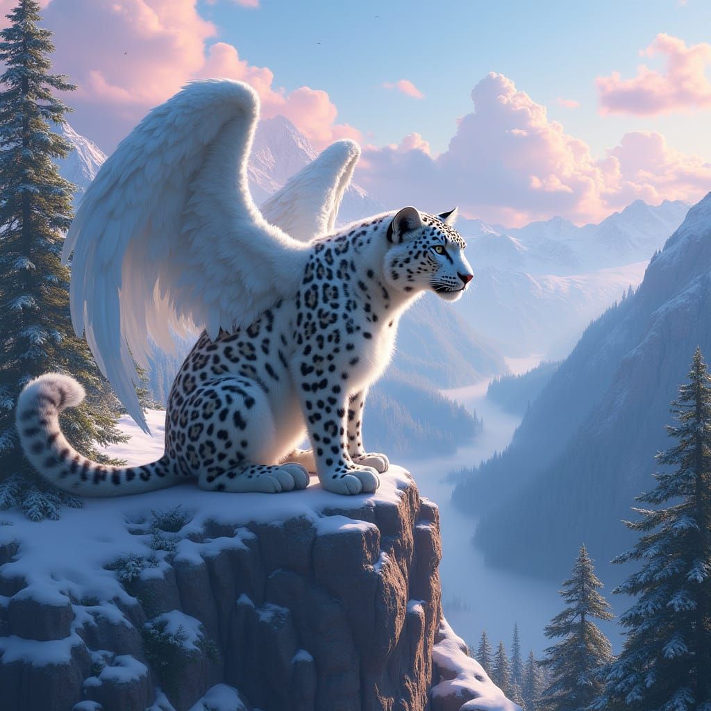 Snow Leopard Angel Overlooking Mystical Valley