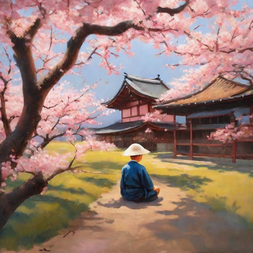 Serene Japanese Garden Scene with Pink Almond Tree and Boy