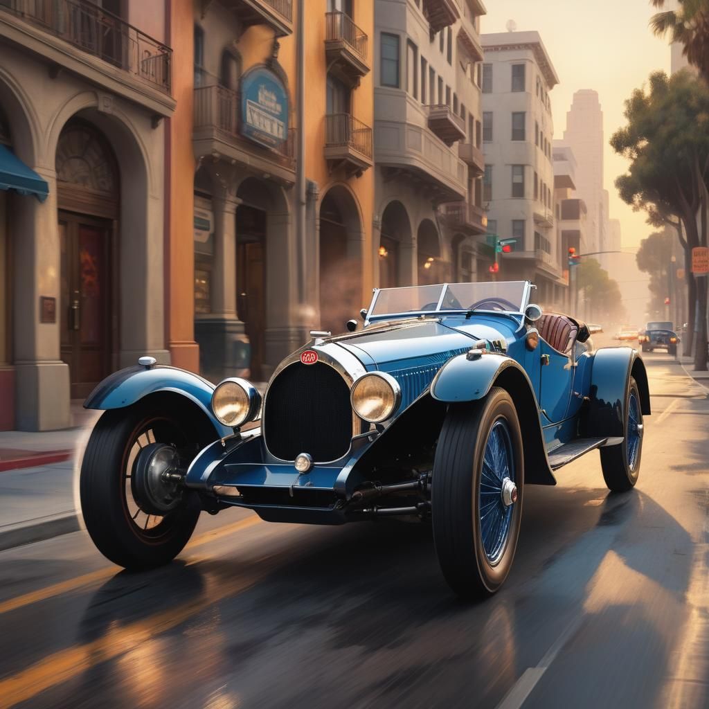 1927 Bugatti in Los Angeles: Hyperrealistic Splash Art