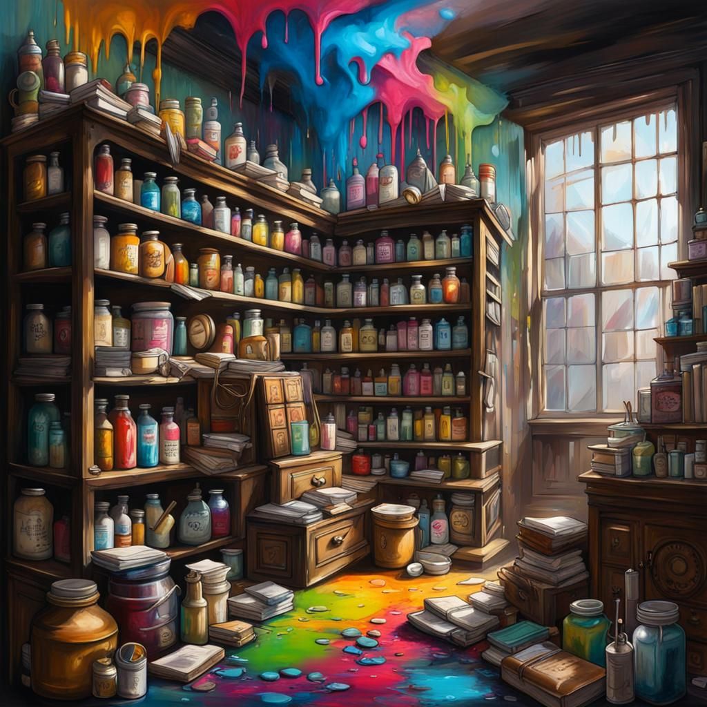 Apothecary Cabinets Overflowing with Ancient Items in Graffi...