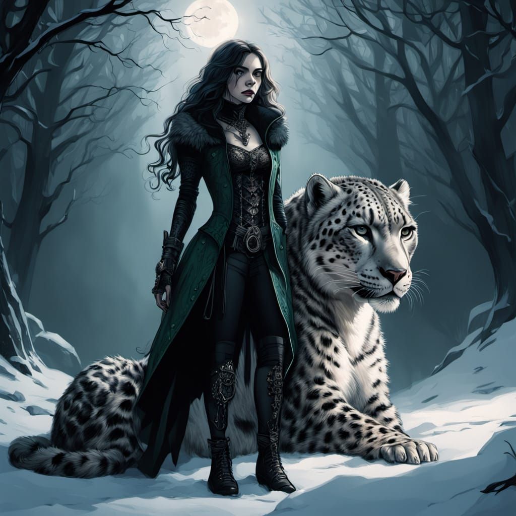 Gothic Fantasy Art of Woman and Snow Leopard