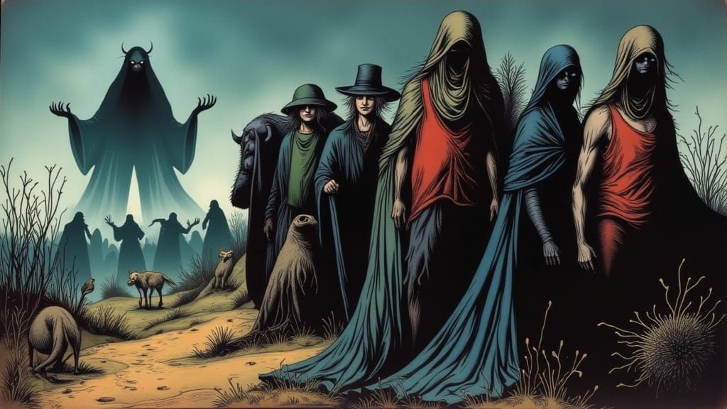 Figures Hiding Suspenseful Misty Background Comic Art Style