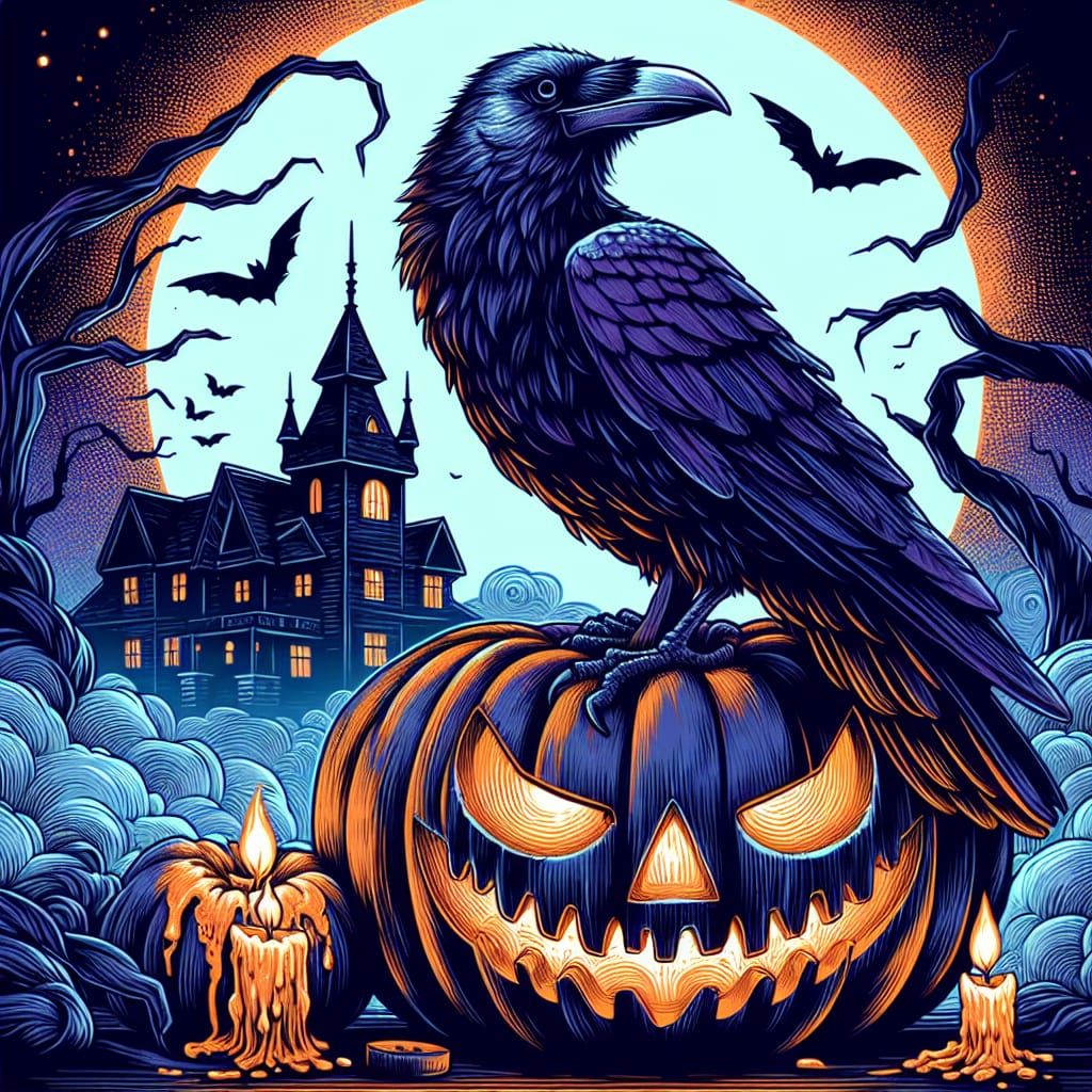 Raven Perched on Jack-o'-Lantern Line Art