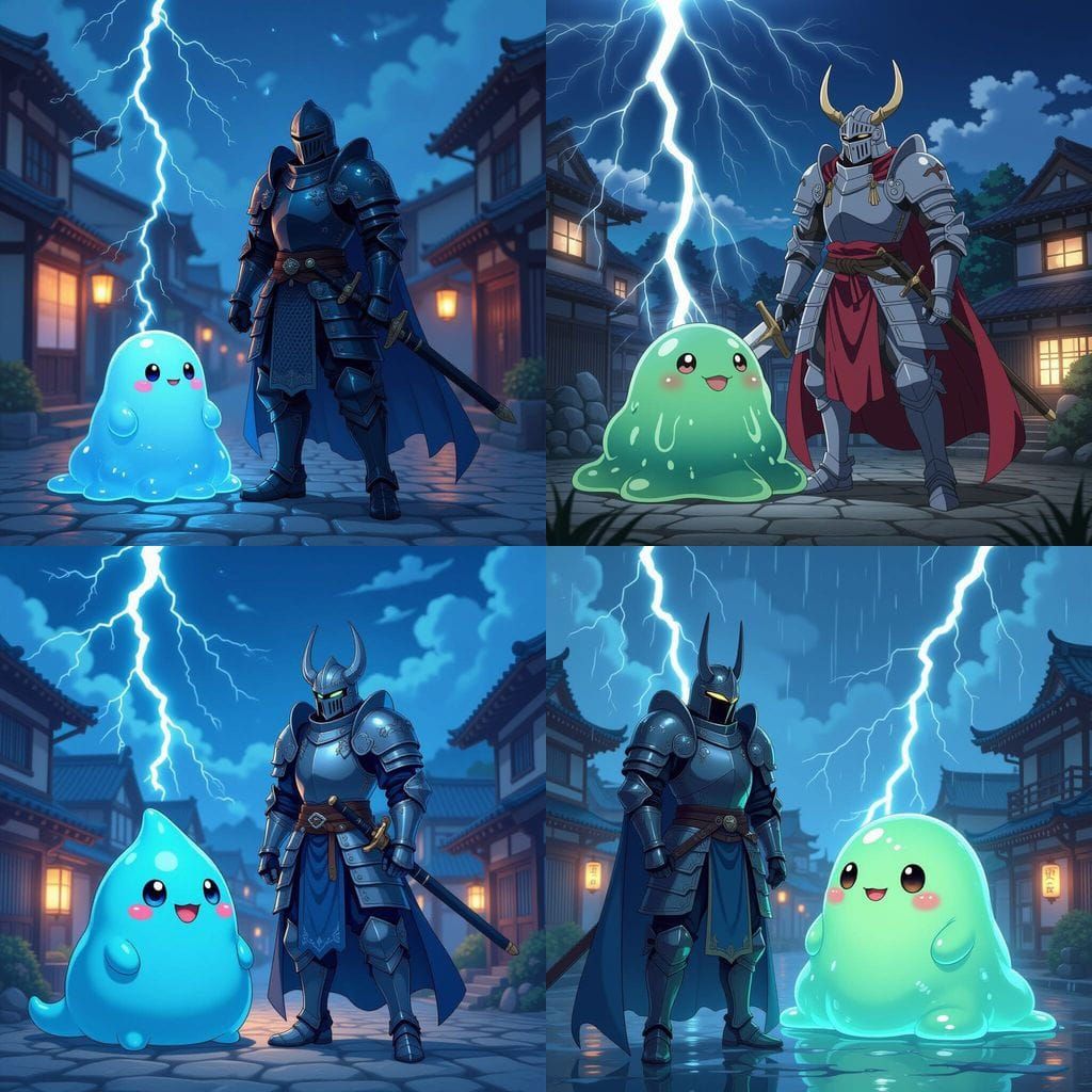 Demon Knight with Slime Companion in Lightning Storm