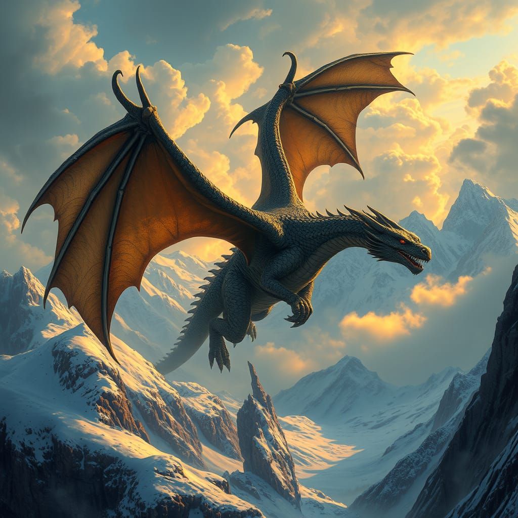 Dragon soars over Snowy Mountains in Epic Fantasy Style